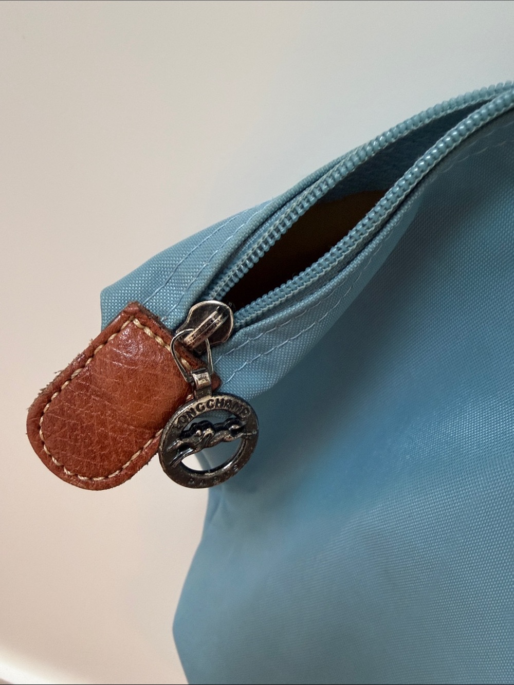 Longchamp Style Teal Tote with Brown Leather Trim - Picture 4 of 6
